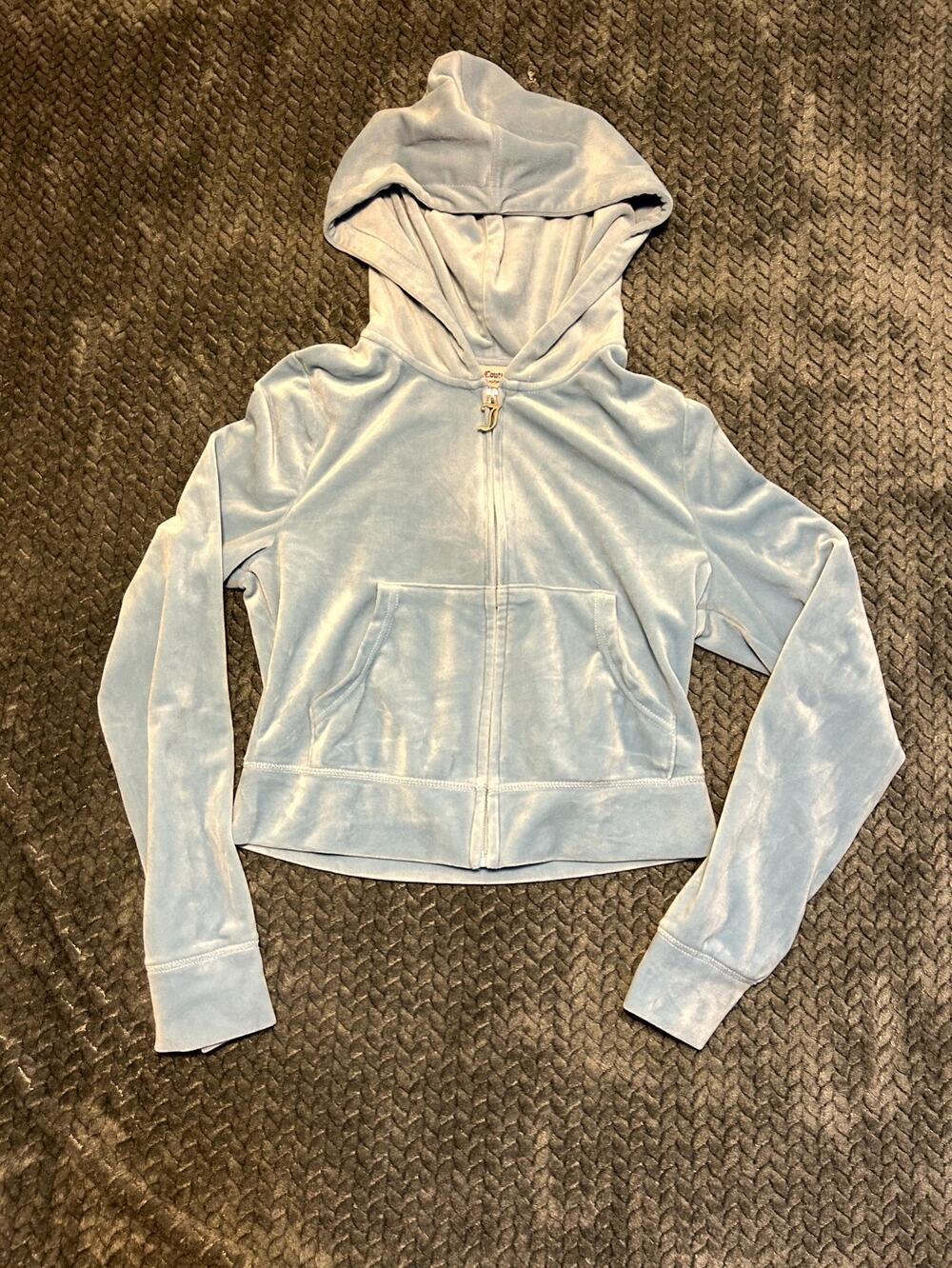 Juicy Couture Velour Hoodie Womens Medium Light Blue Stretch Logo Beaded Detail